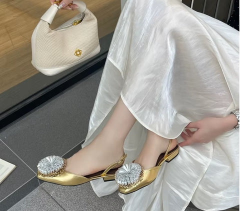 New Fashion Metallic 3D Floral Decor Slingback Buckle Strap Flat CODE: KAR5194