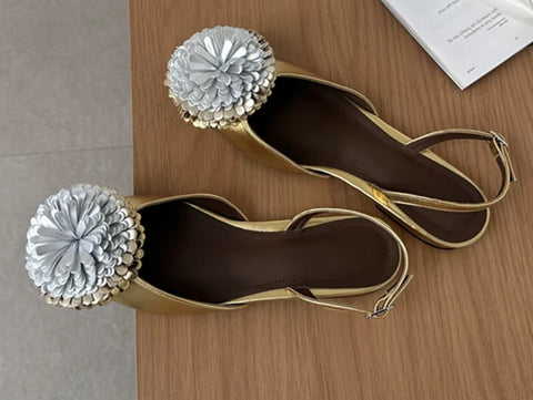 New Fashion Metallic 3D Floral Decor Slingback Buckle Strap Flat CODE: KAR5194