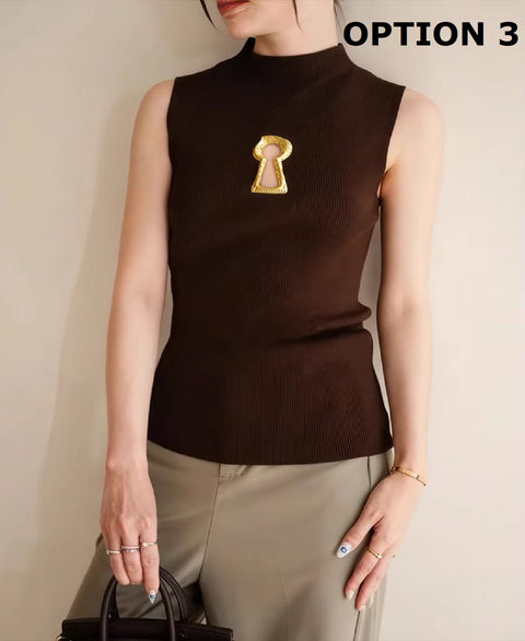 New Keyhole Metal Buckle Sleeveless Knitted Vest Top CODE: KAR5196