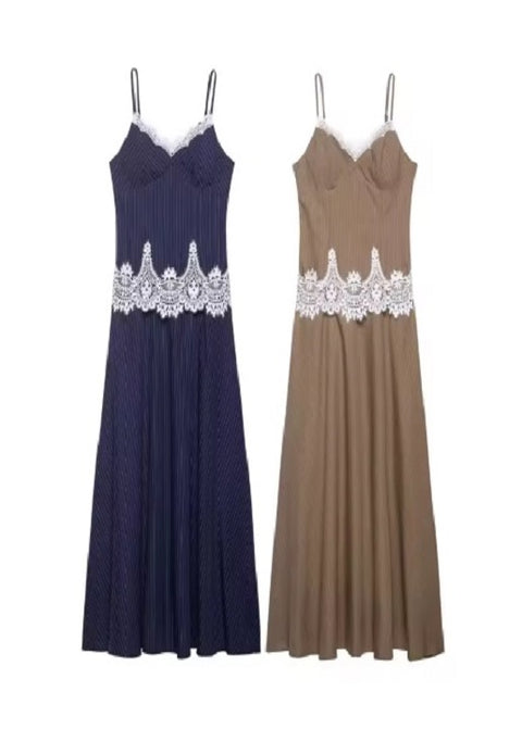 New Fashion Lace Patchwork Casual Striped Versatile Camisole Dress CODE: KAR52O5