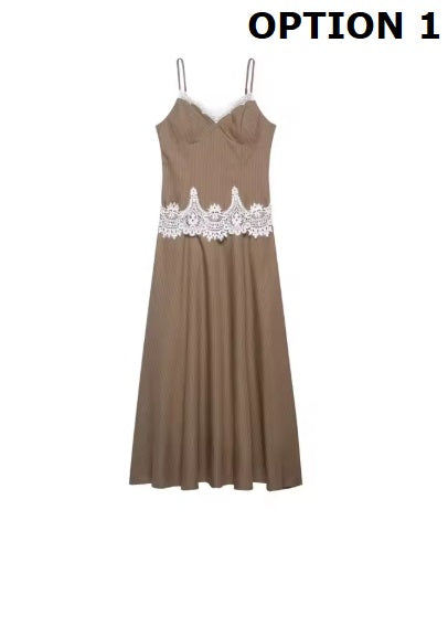 New Fashion Lace Patchwork Casual Striped Versatile Camisole Dress CODE: KAR52O5
