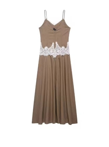 New Fashion Lace Patchwork Casual Striped Versatile Camisole Dress CODE: KAR52O5