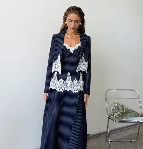 New Elegant Striped  Lace Patchwork 3-piece Set CODE: KAR5205