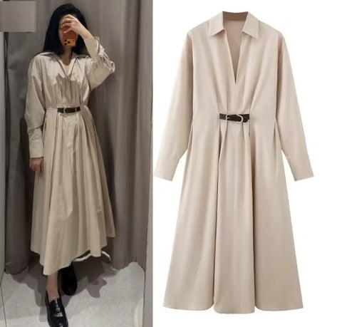 New Long Sleeved Lapel Belt Decoration mid Length Dress CODE: KAR5227