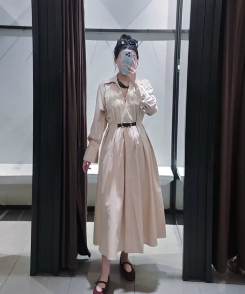 New Long Sleeved Lapel Belt Decoration mid Length Dress CODE: KAR5227