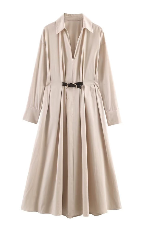 New Long Sleeved Lapel Belt Decoration mid Length Dress CODE: KAR5227