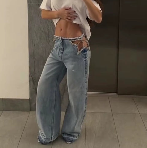 New Low Waist Wide Legs Hollow Out Fringed Jeans pant CODE: KAR5258