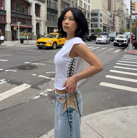 New Low Waist Wide Legs Hollow Out Fringed Jeans pant CODE: KAR5258
