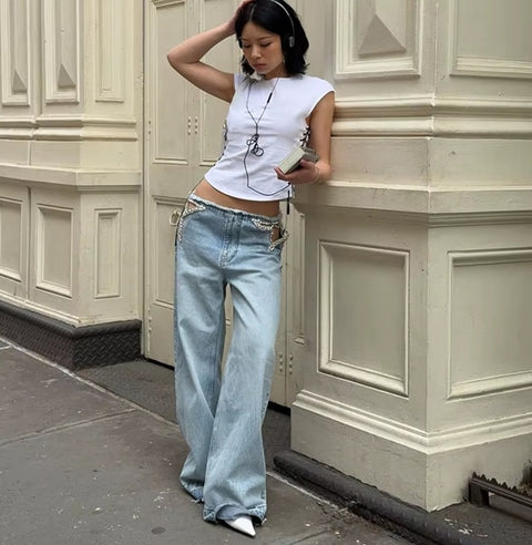 New Low Waist Wide Legs Hollow Out Fringed Jeans pant CODE: KAR5258