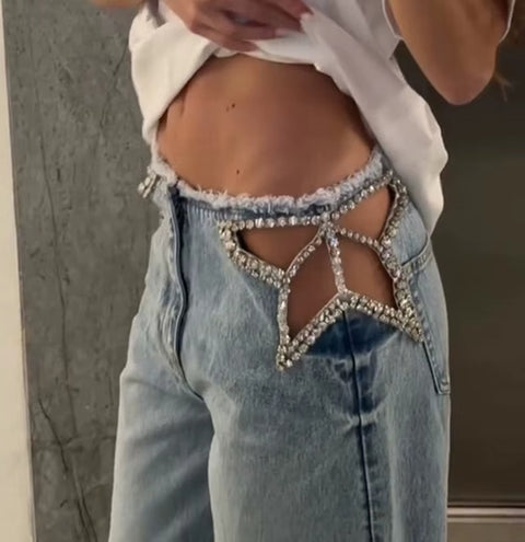 New Low Waist Wide Legs Hollow Out Fringed Jeans pant CODE: KAR5258