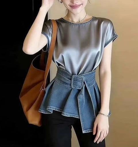 New Round Neck Retro Patchwork Short Sleeves Shirt Top CODE: KAR5260