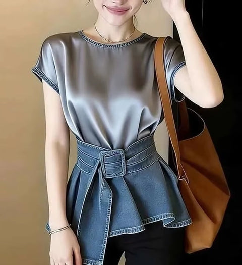 New Round Neck Retro Patchwork Short Sleeves Shirt Top CODE: KAR5260