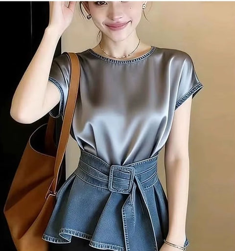 New Round Neck Retro Patchwork Short Sleeves Shirt Top CODE: KAR5260