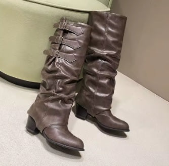 New Punk-style knee-high boots with belt buckle, pointed toe Boots CODE: KAR5266
