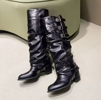New Punk-style knee-high boots with belt buckle, pointed toe Boots CODE: KAR5266