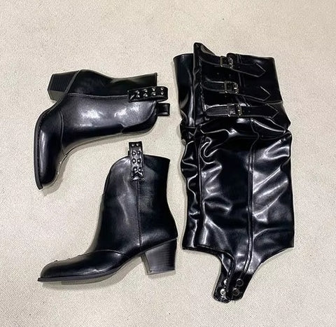 New Punk-style knee-high boots with belt buckle, pointed toe Boots CODE: KAR5266