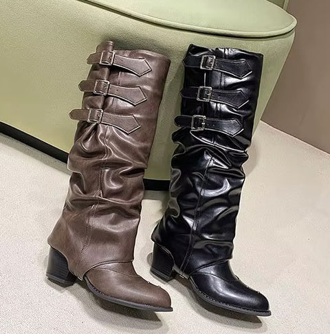 New Punk-style knee-high boots with belt buckle, pointed toe Boots CODE: KAR5266
