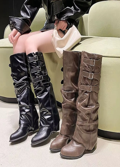 New Punk-style knee-high boots with belt buckle, pointed toe Boots CODE: KAR5266