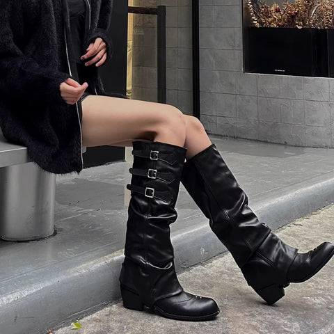 New Punk-style knee-high boots with belt buckle, pointed toe Boots CODE: KAR5266