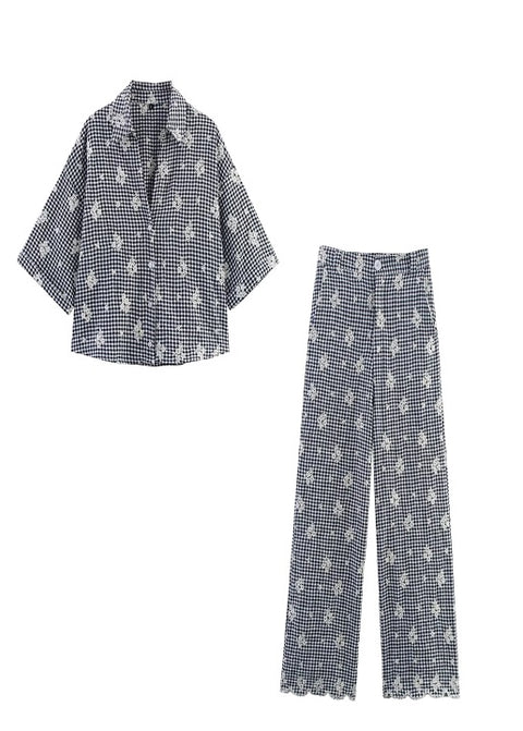 New French-style short-sleeved shirt and wide-leg pants embroidery Set CODE: KAR5286