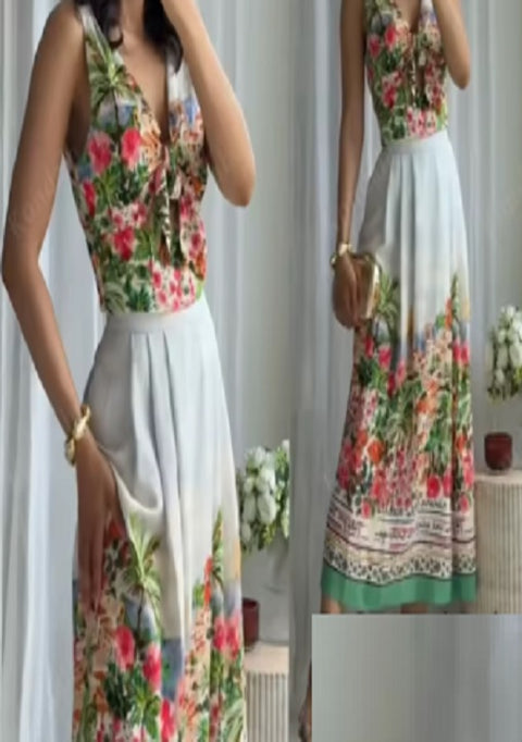New printed bow, v-neck halter top or pleated skirt set CODE: KAR5293