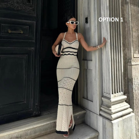 New Hollow Striped Out Pure Slim-fit Buttock Wrap Maxi Dress CODE: KAR5327