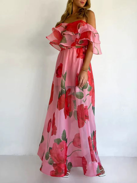 Sexy Flower Print Off Shoulder Top & Party Skirt Set CODE: KAR5331