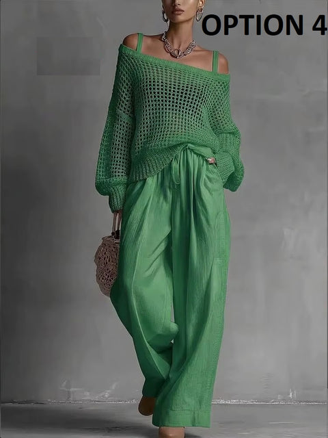 New Fashion Comfortable Top Wide Leg Pants Set CODE: KAR5335