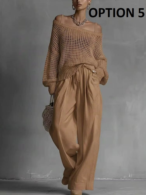 New Fashion Comfortable Top Wide Leg Pants Set CODE: KAR5335