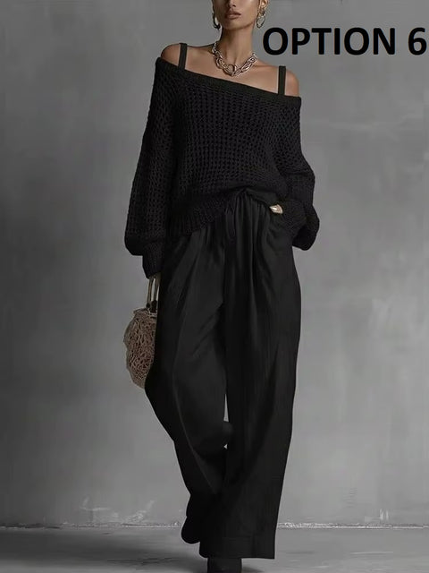 New Fashion Comfortable Top Wide Leg Pants Set CODE: KAR5335