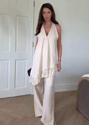 New Fashion Solid Tassel Decoration Sleeveless Halter Loose Street Pants Set CODE: KAR5336