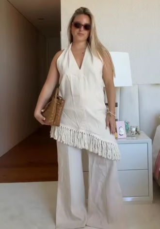 New Fashion Solid Tassel Decoration Sleeveless Halter Loose Street Pants Set CODE: KAR5336