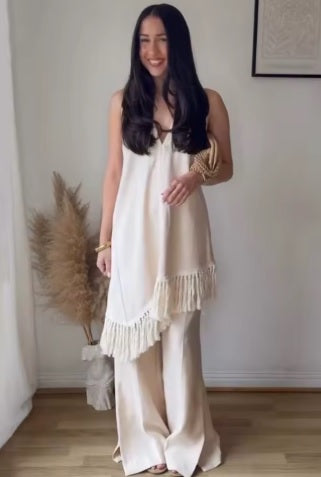 New Fashion Solid Tassel Decoration Sleeveless Halter Loose Street Pants Set CODE: KAR5336