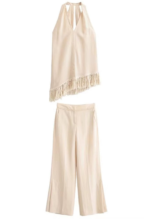 New Fashion Solid Tassel Decoration Sleeveless Halter Loose Street Pants Set CODE: KAR5336