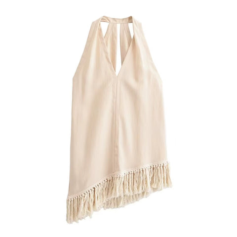 New Fashion Solid Tassel Decoration Sleeveless Halter Loose Street Pants Set CODE: KAR5336