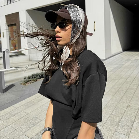 New shoulder waist cinched five quarter sleeve T-shirt top CODE: KAR5339