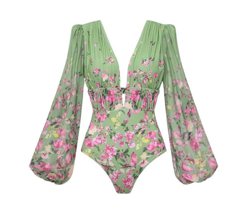 New Long Sleeve Floral One-Piece Swimsuit V-Neck Stylish Beachwear Vacation Suit Set CODE: KAR5341