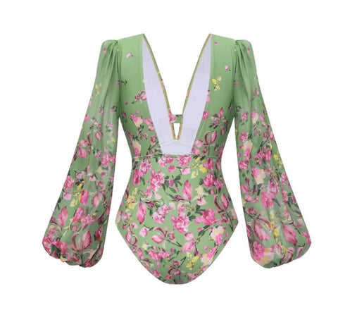 New Long Sleeve Floral One-Piece Swimsuit V-Neck Stylish Beachwear Vacation Suit Set CODE: KAR5341