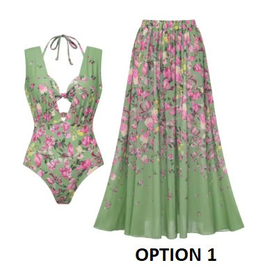 New Long Sleeve Floral One-Piece Swimsuit V-Neck Stylish Beachwear Vacation Suit Set CODE: KAR5341