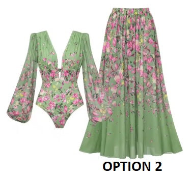 New Long Sleeve Floral One-Piece Swimsuit V-Neck Stylish Beachwear Vacation Suit Set CODE: KAR5341