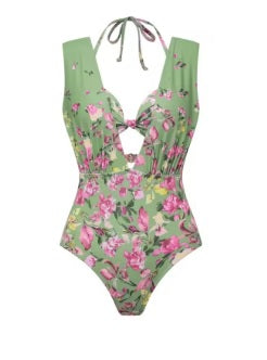 New Long Sleeve Floral One-Piece Swimsuit V-Neck Stylish Beachwear Vacation Suit Set CODE: KAR5341