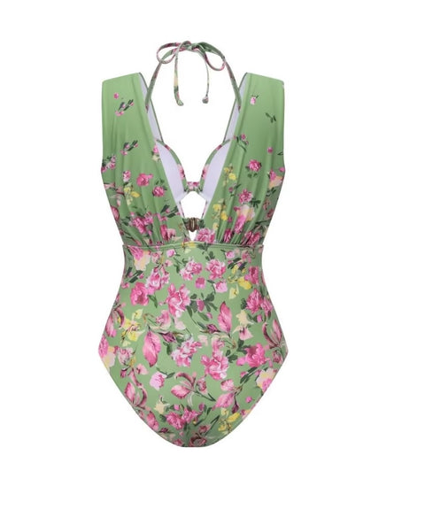 New Long Sleeve Floral One-Piece Swimsuit V-Neck Stylish Beachwear Vacation Suit Set CODE: KAR5341