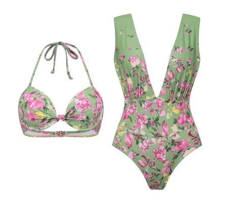 New Long Sleeve Floral One-Piece Swimsuit V-Neck Stylish Beachwear Vacation Suit Set CODE: KAR5341
