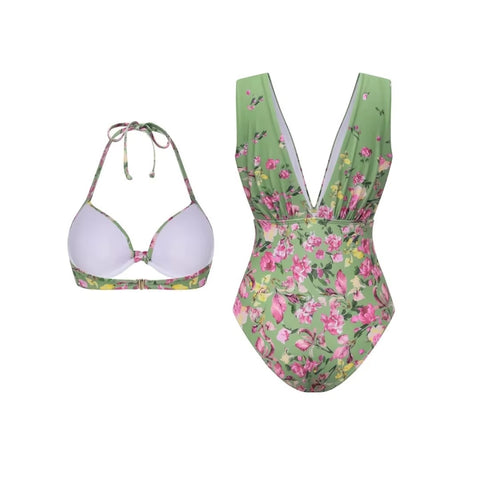 New Long Sleeve Floral One-Piece Swimsuit V-Neck Stylish Beachwear Vacation Suit Set CODE: KAR5341