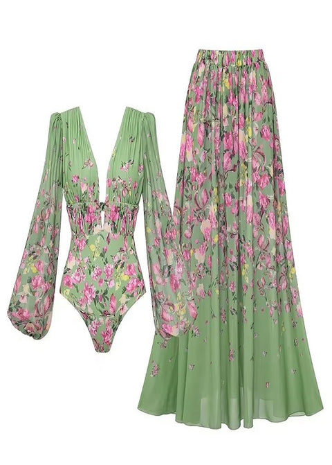 New Long Sleeve Floral One-Piece Swimsuit V-Neck Stylish Beachwear Vacation Suit Set CODE: KAR5341