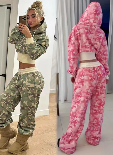 New Camouflage Long Sleeves Hooded Casual Two Piece Set CODE: KAR5346