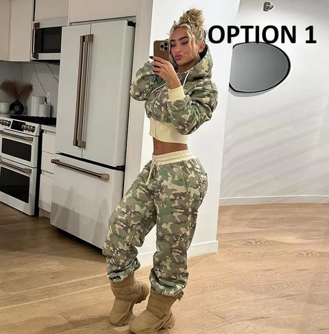 New Camouflage Long Sleeves Hooded Casual Two Piece Set CODE: KAR5346