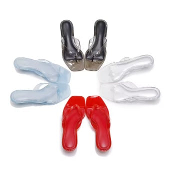 New Crystal Jelly Low Wine Glass Heel Toe Post Square Toe Sandals CODE: KAR5348