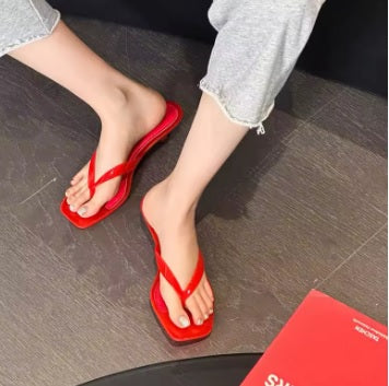 New Crystal Jelly Low Wine Glass Heel Toe Post Square Toe Sandals CODE: KAR5348