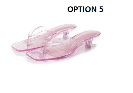 New Crystal Jelly Low Wine Glass Heel Toe Post Square Toe Sandals CODE: KAR5348